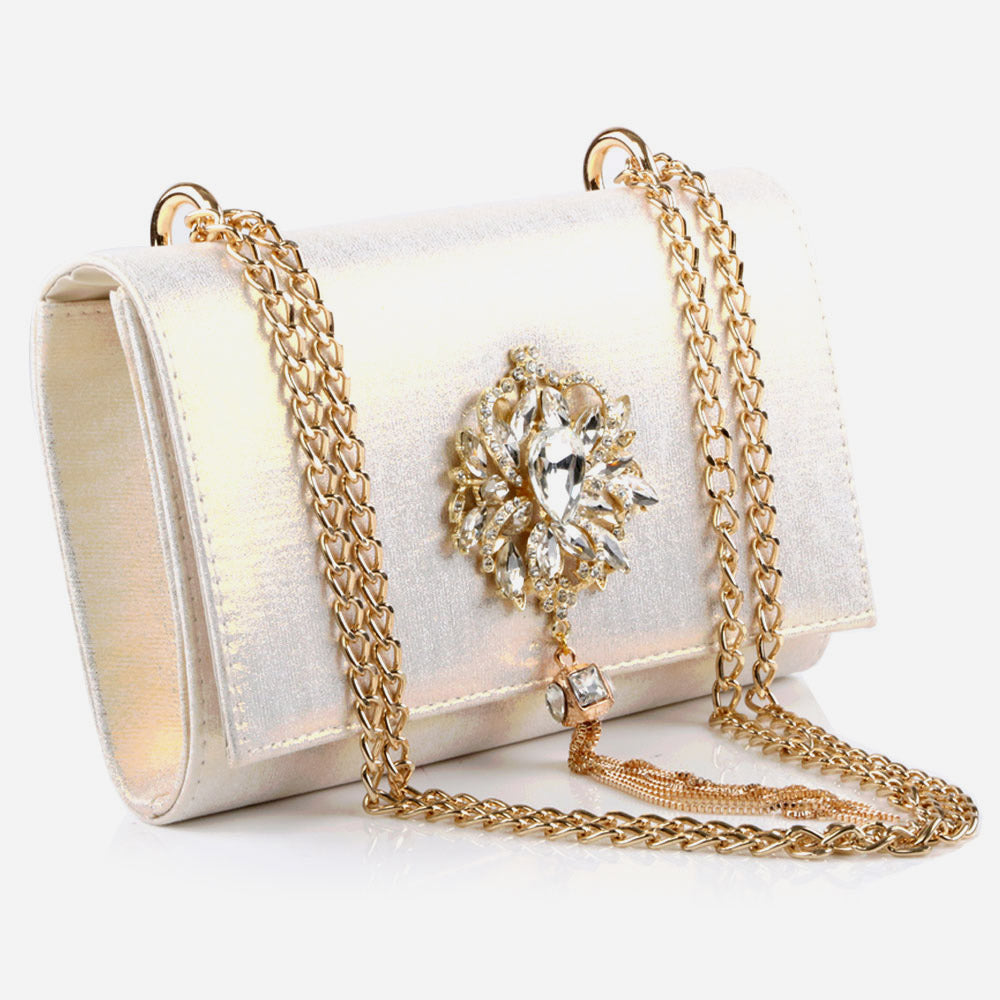 Ladies Diamante Broach Evening Clutch Bag Wedding Handbag Prom Purse Shimmery Hard Case Party Bags Birthday Gifts for Her