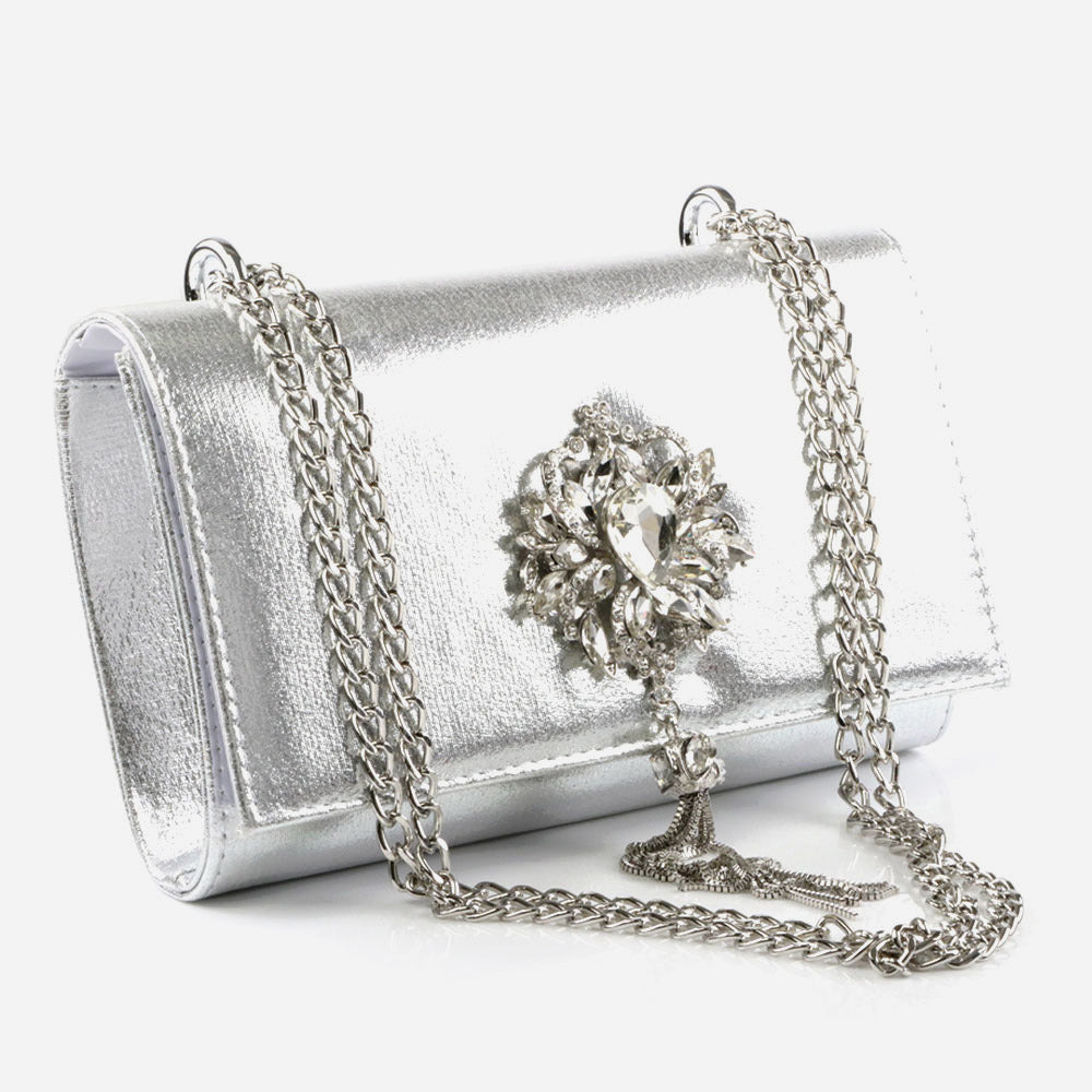 Ladies Diamante Broach Evening Clutch Bag Wedding Handbag Prom Purse Shimmery Hard Case Party Bags Birthday Gifts for Her