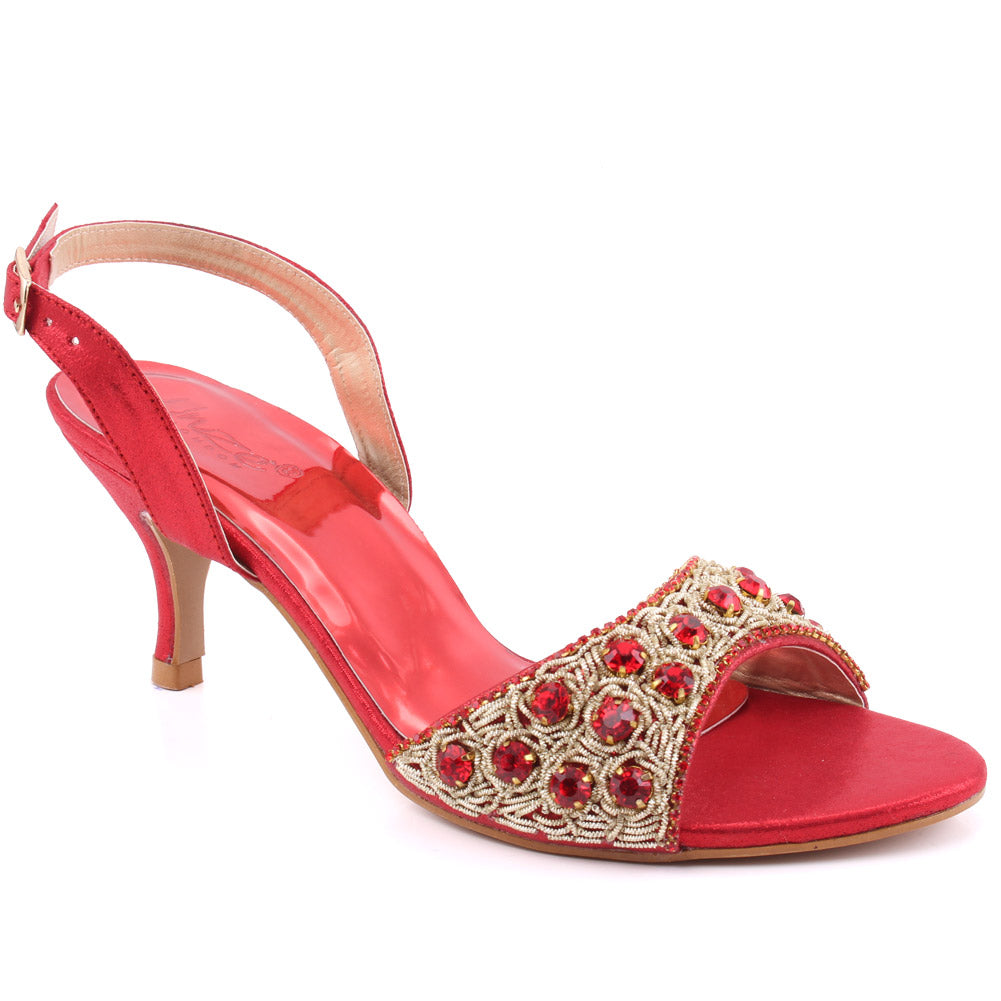 Women “FIA” Studs Decorated Shimmer Kitten Heel Buckle Closure Sandals