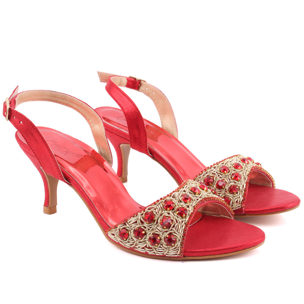 Women “FIA” Studs Decorated Shimmer Kitten Heel Buckle Closure Sandals